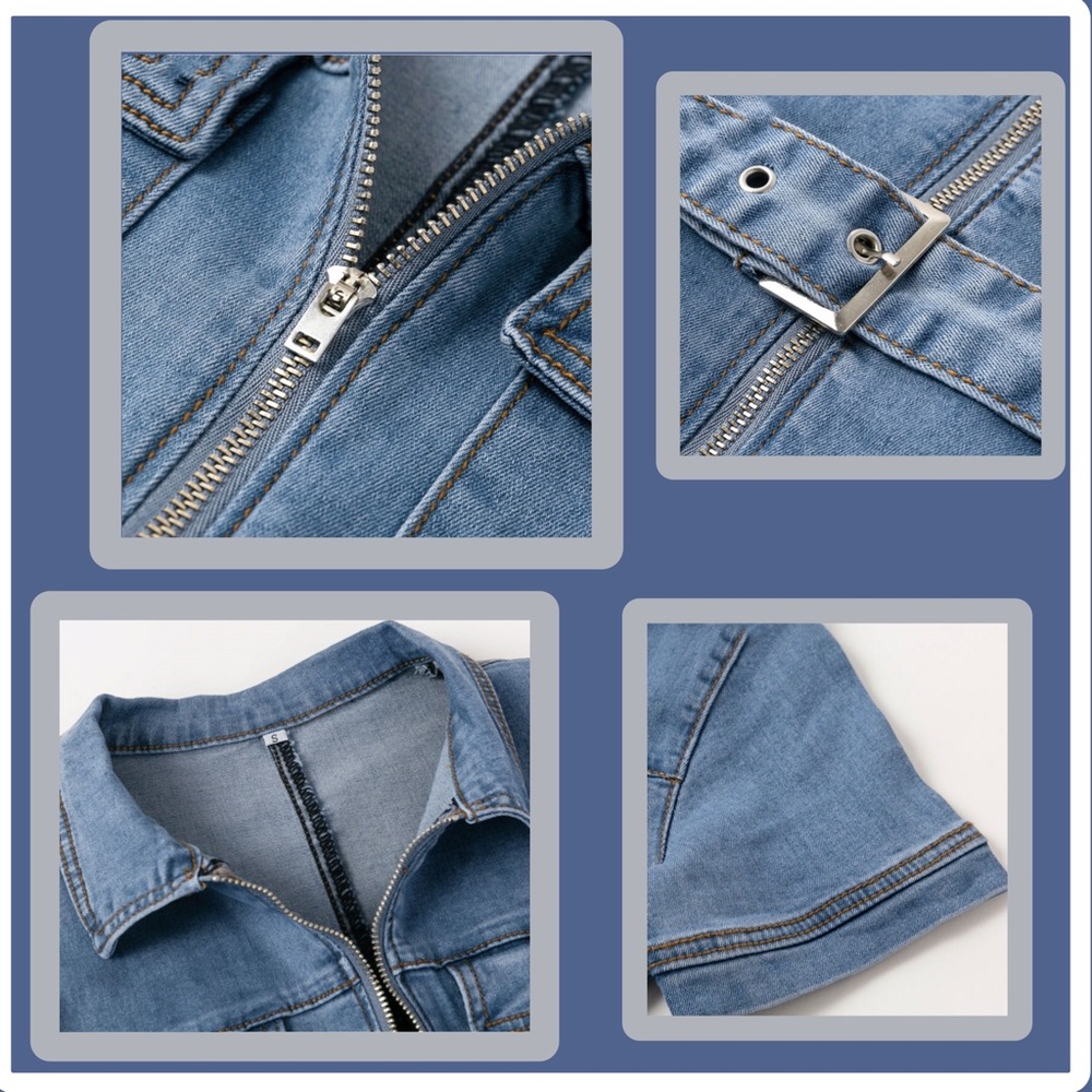 Denim Zipper Front Belted Fitted Romper NWT - Picture 4 of 8
